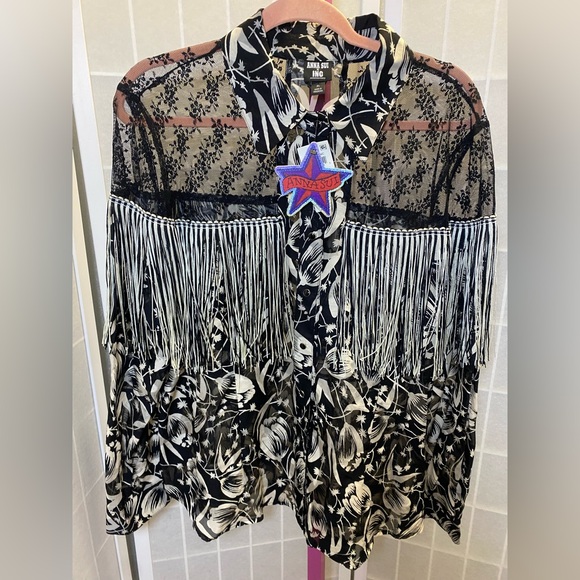 NWT ANNA SUI x INC International Concepts Black and Cream Floral Fringe Blouse - Picture 5 of 8